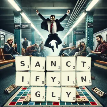 Creative illustration for a Scrabble game with the word SANCTIFYINGLY spelled out in tiles on the board.