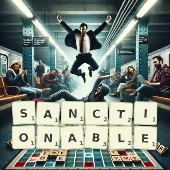 Creative illustration for a Scrabble game with the word SANCTIONABLE spelled out in tiles on the board.
