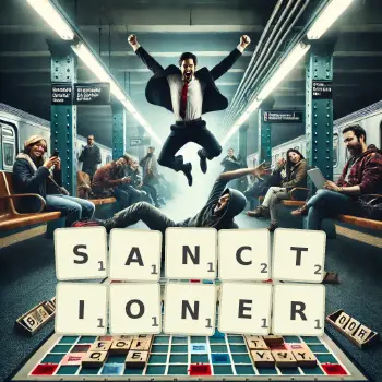Creative illustration for a Scrabble game with the word SANCTIONER spelled out in tiles on the board.