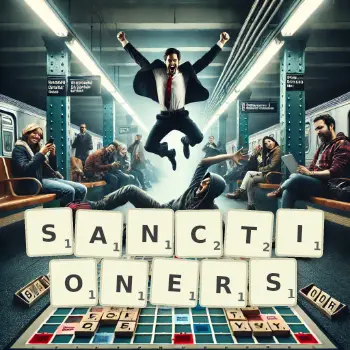 Creative illustration for a Scrabble game with the word SANCTIONERS spelled out in tiles on the board.