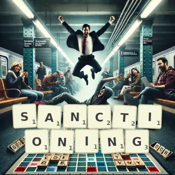 Creative illustration for a Scrabble game with the word SANCTIONING spelled out in tiles on the board.