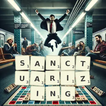 Creative illustration for a Scrabble game with the word SANCTUARIZING spelled out in tiles on the board.