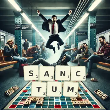 Creative illustration for a Scrabble game with the word SANCTUM spelled out in tiles on the board.