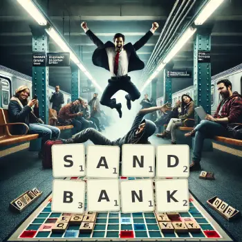 Creative illustration for a Scrabble game with the word SANDBANK spelled out in tiles on the board.