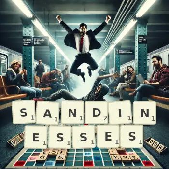 Creative illustration for a Scrabble game with the word SANDINESSES spelled out in tiles on the board.