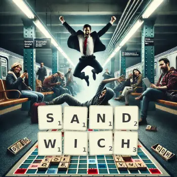 Creative illustration for a Scrabble game with the word SANDWICH spelled out in tiles on the board.