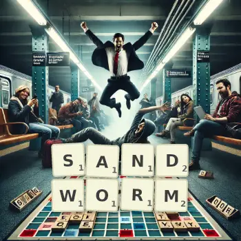 Creative illustration for a Scrabble game with the word SANDWORM spelled out in tiles on the board.