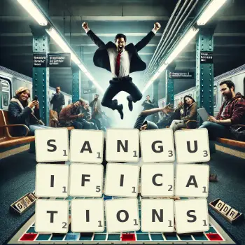 Creative illustration for a Scrabble game with the word SANGUIFICATIONS spelled out in tiles on the board.
