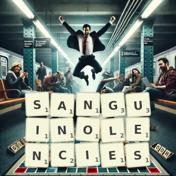 Creative illustration for a Scrabble game with the word SANGUINOLENCIES spelled out in tiles on the board.