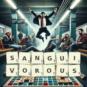 Creative illustration for a Scrabble game with the word SANGUIVOROUS spelled out in tiles on the board.