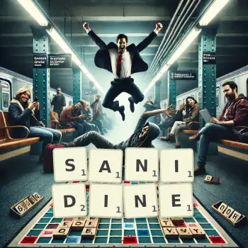 Creative illustration for a Scrabble game with the word SANIDINE spelled out in tiles on the board.