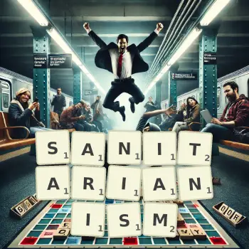 Creative illustration for a Scrabble game with the word SANITARIANISM spelled out in tiles on the board.