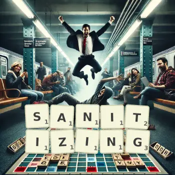 Creative illustration for a Scrabble game with the word SANITIZING spelled out in tiles on the board.