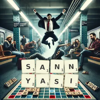 Creative illustration for a Scrabble game with the word SANNYASI spelled out in tiles on the board.