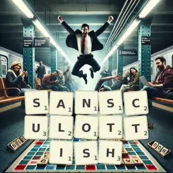 Creative illustration for a Scrabble game with the word SANSCULOTTISH spelled out in tiles on the board.
