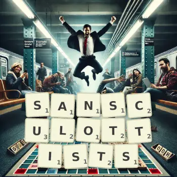 Creative illustration for a Scrabble game with the word SANSCULOTTISTS spelled out in tiles on the board.