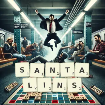 Creative illustration for a Scrabble game with the word SANTALINS spelled out in tiles on the board.