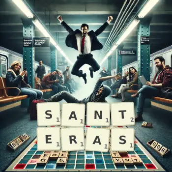 Creative illustration for a Scrabble game with the word SANTERAS spelled out in tiles on the board.