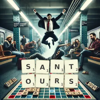 Creative illustration for a Scrabble game with the word SANTOURS spelled out in tiles on the board.