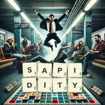 Creative illustration for a Scrabble game with the word SAPIDITY spelled out in tiles on the board.