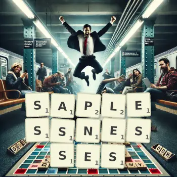Creative illustration for a Scrabble game with the word SAPLESSNESSES spelled out in tiles on the board.