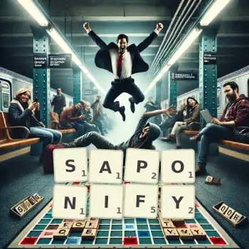 Creative illustration for a Scrabble game with the word SAPONIFY spelled out in tiles on the board.