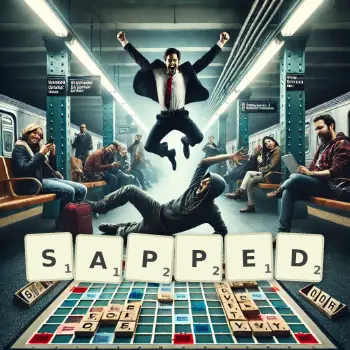 Creative illustration for a Scrabble game with the word SAPPED spelled out in tiles on the board.