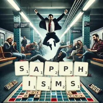 Creative illustration for a Scrabble game with the word SAPPHISMS spelled out in tiles on the board.
