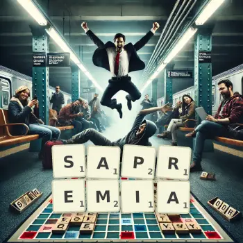 Creative illustration for a Scrabble game with the word SAPREMIA spelled out in tiles on the board.