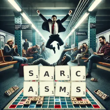 Creative illustration for a Scrabble game with the word SARCASMS spelled out in tiles on the board.