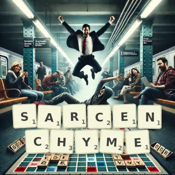 Creative illustration for a Scrabble game with the word SARCENCHYME spelled out in tiles on the board.