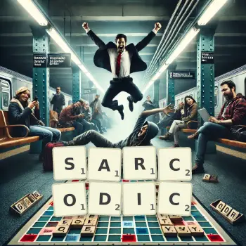 Creative illustration for a Scrabble game with the word SARCODIC spelled out in tiles on the board.