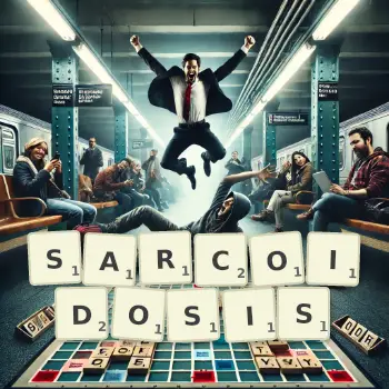 Creative illustration for a Scrabble game with the word SARCOIDOSIS spelled out in tiles on the board.