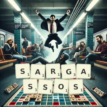 Creative illustration for a Scrabble game with the word SARGASSOS spelled out in tiles on the board.