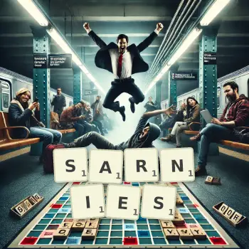 Creative illustration for a Scrabble game with the word SARNIES spelled out in tiles on the board.