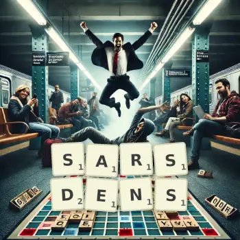 Creative illustration for a Scrabble game with the word SARSDENS spelled out in tiles on the board.