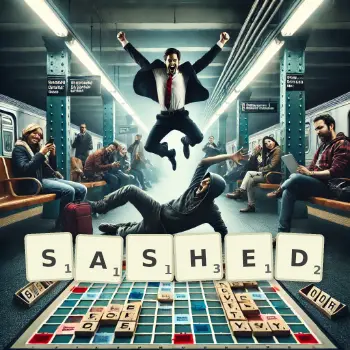 Creative illustration for a Scrabble game with the word SASHED spelled out in tiles on the board.