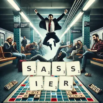 Creative illustration for a Scrabble game with the word SASSIER spelled out in tiles on the board.