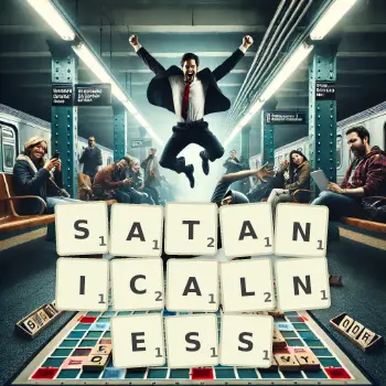Creative illustration for a Scrabble game with the word SATANICALNESS spelled out in tiles on the board.