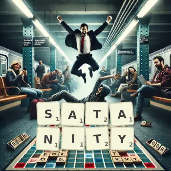 Creative illustration for a Scrabble game with the word SATANITY spelled out in tiles on the board.