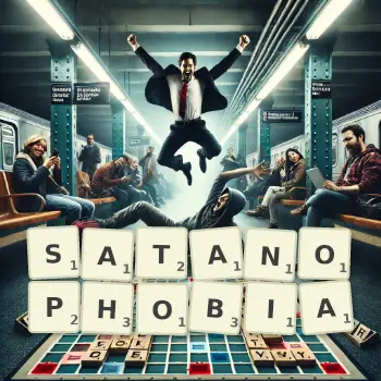 Creative illustration for a Scrabble game with the word SATANOPHOBIA spelled out in tiles on the board.
