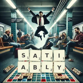 Creative illustration for a Scrabble game with the word SATIABLY spelled out in tiles on the board.