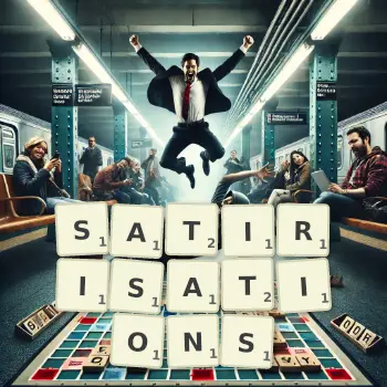 Creative illustration for a Scrabble game with the word SATIRISATIONS spelled out in tiles on the board.