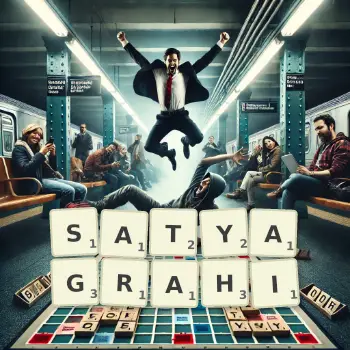 Creative illustration for a Scrabble game with the word SATYAGRAHI spelled out in tiles on the board.
