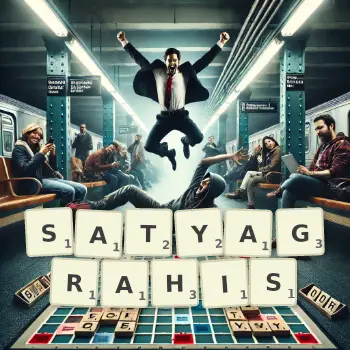 Creative illustration for a Scrabble game with the word SATYAGRAHIS spelled out in tiles on the board.