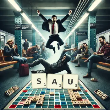 Creative illustration for a Scrabble game with the word SAU spelled out in tiles on the board.