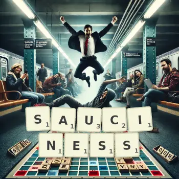 Creative illustration for a Scrabble game with the word SAUCINESS spelled out in tiles on the board.