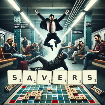 Creative illustration for a Scrabble game with the word SAVERS spelled out in tiles on the board.