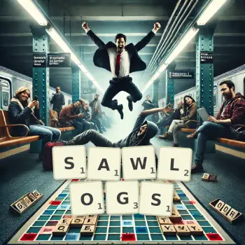 Creative illustration for a Scrabble game with the word SAWLOGS spelled out in tiles on the board.
