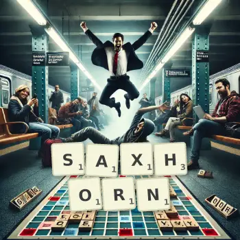 Creative illustration for a Scrabble game with the word SAXHORN spelled out in tiles on the board.